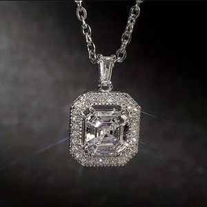 925 Silver Plated Square Cut Zircon Side Pave Pendant Necklace